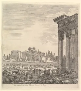 The columns of the Temple of Antoninus to right, a part of the Campo Vaccino in center