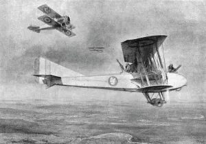 Combat Aerien; Avion triplace, en mission photographique, protégé par un Spad, 1918. Creator: Etienne Cournault