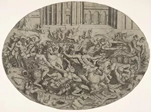 Combat between Amazons and men in front of architectural arcades