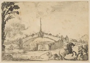 Combat on a bridge, a horseman and two footsoldiers battle with swords at bottom right