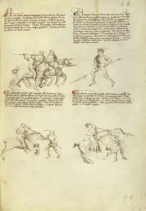 Manual Prints: Combat against an Equestrian Opponent with Lance, about 1410. Creator: Unknown