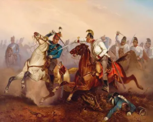1854 Prints: Combat between Imperial Austrian Dragoons and Hungarian Honved Hussars …