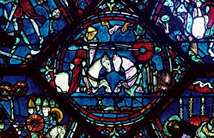 Roland Gallery: Combat between Roland and King Marsile, stained glass, Chartres Cathedral, France, 1194-1260