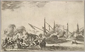 Combat between several rowboats and ships, two groups of men in rowboats fighting to left