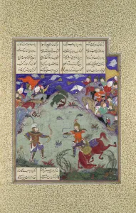 Epic Poem Prints: The Combat of Rustam and Ashkabus, Folio 268v from the Shahnama (Book of... ca. 1525-30