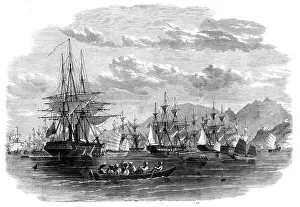 Hong Kong China Prints: The Combined Fleet in China - transports in Cowloong Bay preparing to get under way for