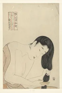 Combing the Hair, from the series Ten Types in the Physiognomic Study of Women, ca 1802. Artist: Utamaro, Kitagawa (1753-1806) Combing the Hair, from the series Ten Types in the Physiognomic Study of Women, ca 1802. Artist: Utamaro, Kitagawa (1753-1806)
