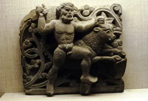 Comic relief, Egyptian Limestone, Herakles and the Cretian Bull, 4th century Comic relief, Egyptian Limestone, Herakles and the Cretian Bull, 4th century