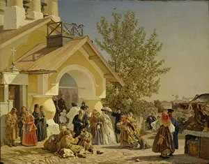Pskov Prints: Coming out of a Church in Pskov, 1864. Artist: Morozov, Alexander Ivanovich (1835-1904)
