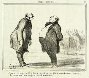 Stocks And Shares Prints: Comme vous arrivez tard à la Bourse... 1857. Creator: Honore Daumier