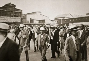 Commuting Prints: Commuters from New Jersey crossing West Street from the Hoboken ferry