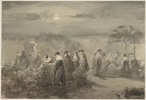Courtship Prints: Company of ladies and gentlemen in a court with rose bushes that are lit by the moon