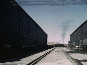 A completely overhauled engine on the transfer table at the Atchison, Topeka... New Mexico. 1943. Creator: Jack Delano