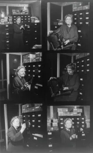 Photojournalist Prints: Composite of 6 contact photoprints of Frances Benjamin Johnston in her office