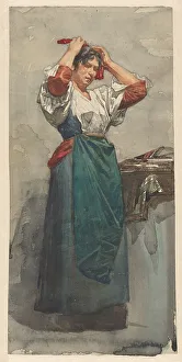 Teal Prints: Composition of an unknown woman, making up her hair, 1870-1923. Creator: Willem Witsen