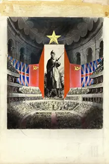 Albert Hall Prints: Concert hall [Albert Hall?] and orchestra against picture of Russian infantryman