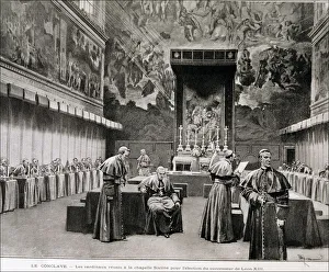 Conclave in the Sistine Chapel to choose a successor to Leon XIII, engraving in