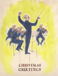 Conducting Prints: Conductor and orchestra, Christmas card, 1952. Creator: Shirley Markham