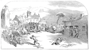 Cork Prints: The conflict at Ballinhassig - sketched by Mr. Mahony, Cork, 1845. Creator: Smyth