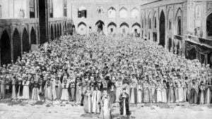 Congregation Gallery: A congregation faces the holy Kaaba in Meccas mosque, Saudi Arabia, 1922