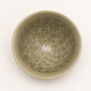 Yaozhou Ware Gallery: Conical Bowl with Interior of Fish Swimming amid Waves Encircling