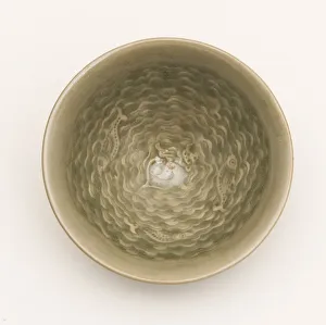 Conical Prints: Conical Bowl with Interior of Fish Swimming amid Waves Encircling