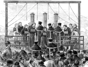 Scaffolding Prints: The Conspiracies in St. Petersburg: the Nihilists on the scaffold, 1881. Creator: Unknown