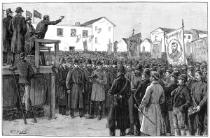 Images Dated 12th January 2009: Constabulary guarding a government reporter at a plan of campaign meeting, Ireland, 1887