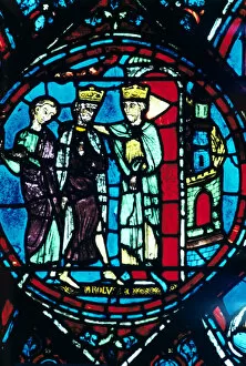 Byzantine Gallery: Constantine greets Charlemagne at Constantinople, stained glass, Chartres Cathedral, France, c1225