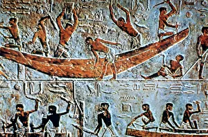 Boat Builder Gallery: Construction of a boat, wall relief, Saqqara, Egypt
