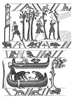Boat Builder Gallery: Construction of the boats for William I, Bayeux Tapestry, c1070s, (1870)
