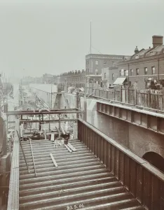 Bermondsey Prints: Construction of the bridge approach to Rotherhithe Tunnel, Bermondsey, London, 1906