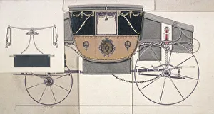 Parr Prints: Constructional drawing of a coach with six overlapping portions of details and notes, 1785