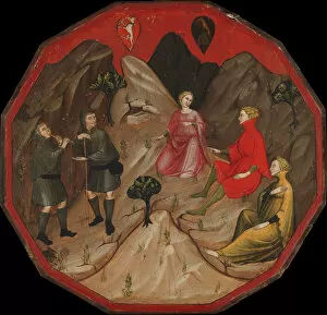 Giovanni Boccaccio Gallery: A Contest between the Shepherds Alcesto and Acaten, ca. 1410. Creator: Master of 1416 (Italian)