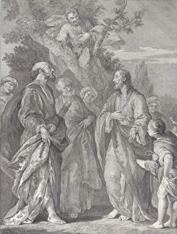 Conversion Collection: Conversion of Zacchaeus, with Christ at right addressing the tax collector, who is seat