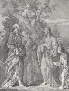 Pietro Prints: Conversion of Zacchaeus, with Christ at right addressing the tax collector, who is seat