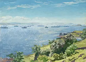Oil On Board Prints: Convoy Anchorage, from Lismore, 1939-1945. Creator: Stephen Bone