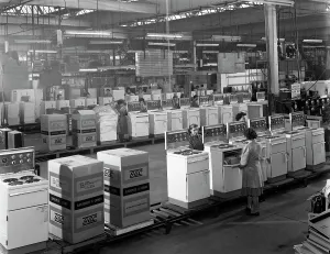 Assembly Line Prints: The cooker assembly line at the GEC factory, Swinton, South Yorkshire, 1963. Artist