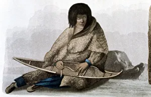 Fixing Prints: Copper Indian girl mending snow shoe, 1823. Artist: John Franklin