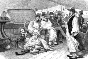 Europeans Prints: The Corean ambassadors returning on board the Japanese steamer Sakasago Masu