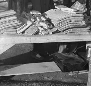 Flooding Gallery: Cornbread, Food for flood refugees at the Forrest City concentration camp, Arkansas, 1937