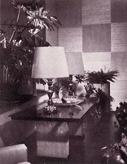 Houseplant Gallery: Corner of a large living-room, designed by Paul T. Frankl, 1949. Creator: Unknown