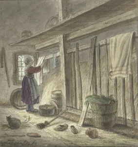 Adjusting Prints: Corner of a stable with a girl hanging a cloth, 1772. Creator: Christina Chalon