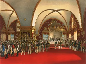 Coronation banquet in the hall of the Palace of the Facets in the Moscow Kremlin, 1856. Artist: Georg Wilhelm Timm Coronation banquet in the hall of the Palace of the Facets in the Moscow Kremlin, 1856. Artist: Georg Wilhelm Timm