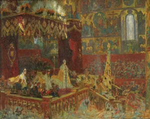 Uspenski Cathedral Prints: The Coronation Ceremony of Tsar Nicolai II in Moscow; sketch, 1896. Creator: Laurits Tuxen