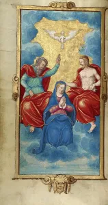 Queen Of Heaven Prints: The Coronation of the Virgin; Book of Hours, 1544. Creator: Unknown