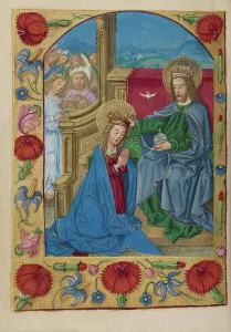 Queen Of Heaven Prints: The Coronation of the Virgin; Book of Hours, early 16th century. Creator: Unknown