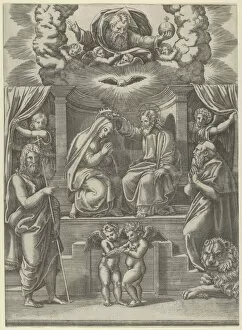 St Jerome Collection: The coronation of the Virgin, God the Father above, St Jerome lower right and St John t... 1530-60