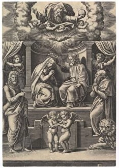 Saint Hieronymus Collection: The Coronation of the Virgin, at lower left stands St John the Baptist, at lower right