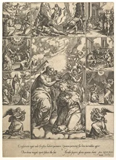 The Coronation of the Virgin; surrounded by nine vignettes with scenes from the life of The Coronation of the Virgin; surrounded by nine vignettes with scenes from the life of